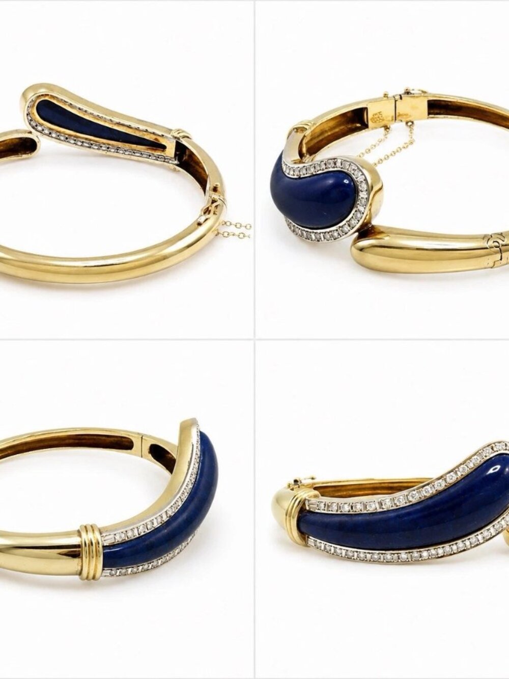Vintage 14K Yellow Gold Lapis Lazuli Diamond Bypass Bangle Bracelet 24.33g